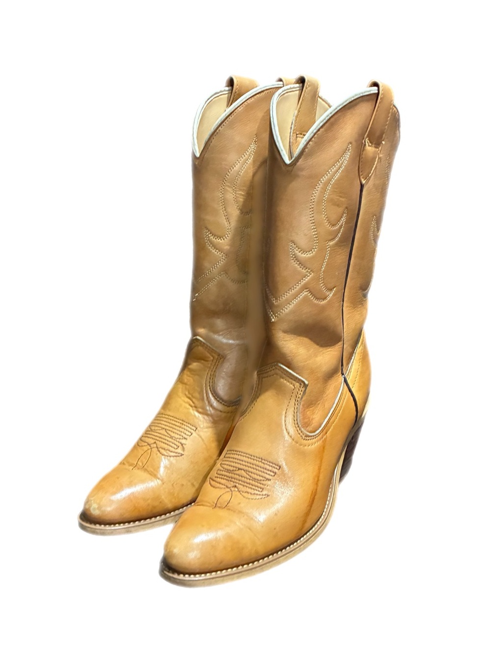 Vintage Laredo Western Cowboy Cowgirl Boots Light Tan Leather Stacked Heel Sz 9